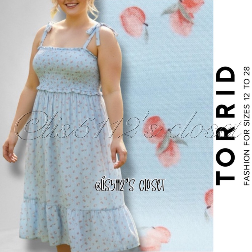 Torrid Light Blue Peach Print Challis Smocked Midi Dress 2X 18 20